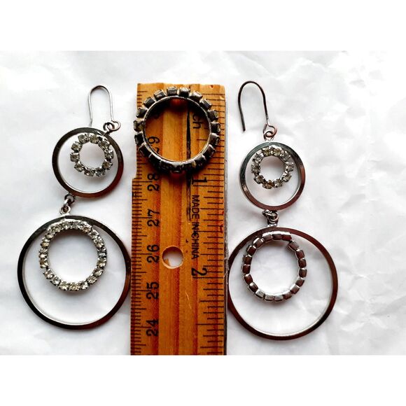 Silver Tone Double Hoop 3" Dangling Earrings & Ring Set with Rhinestone - Picture 6 of 7